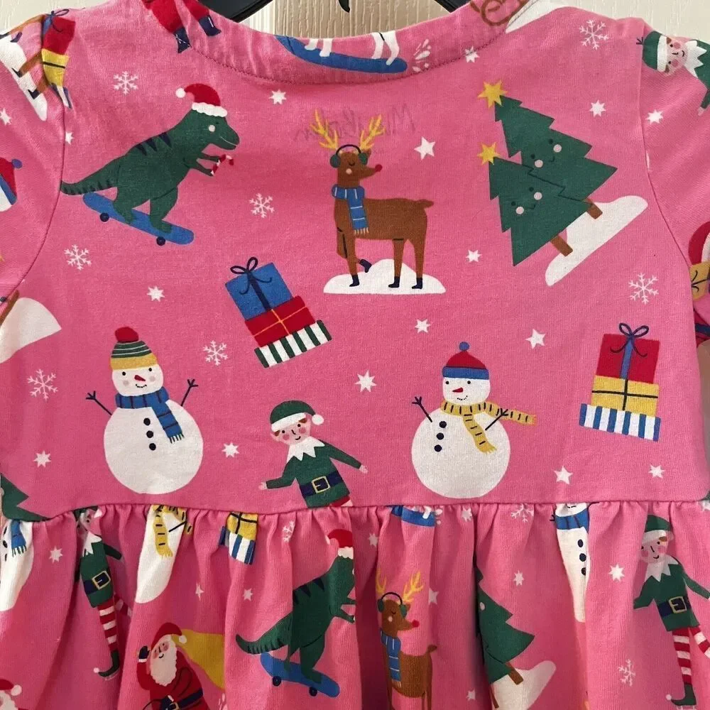 Mini Boden Festive Fun Pink Christmas Dress Dinosaurs Santa Pockets Girls SZ 5-6